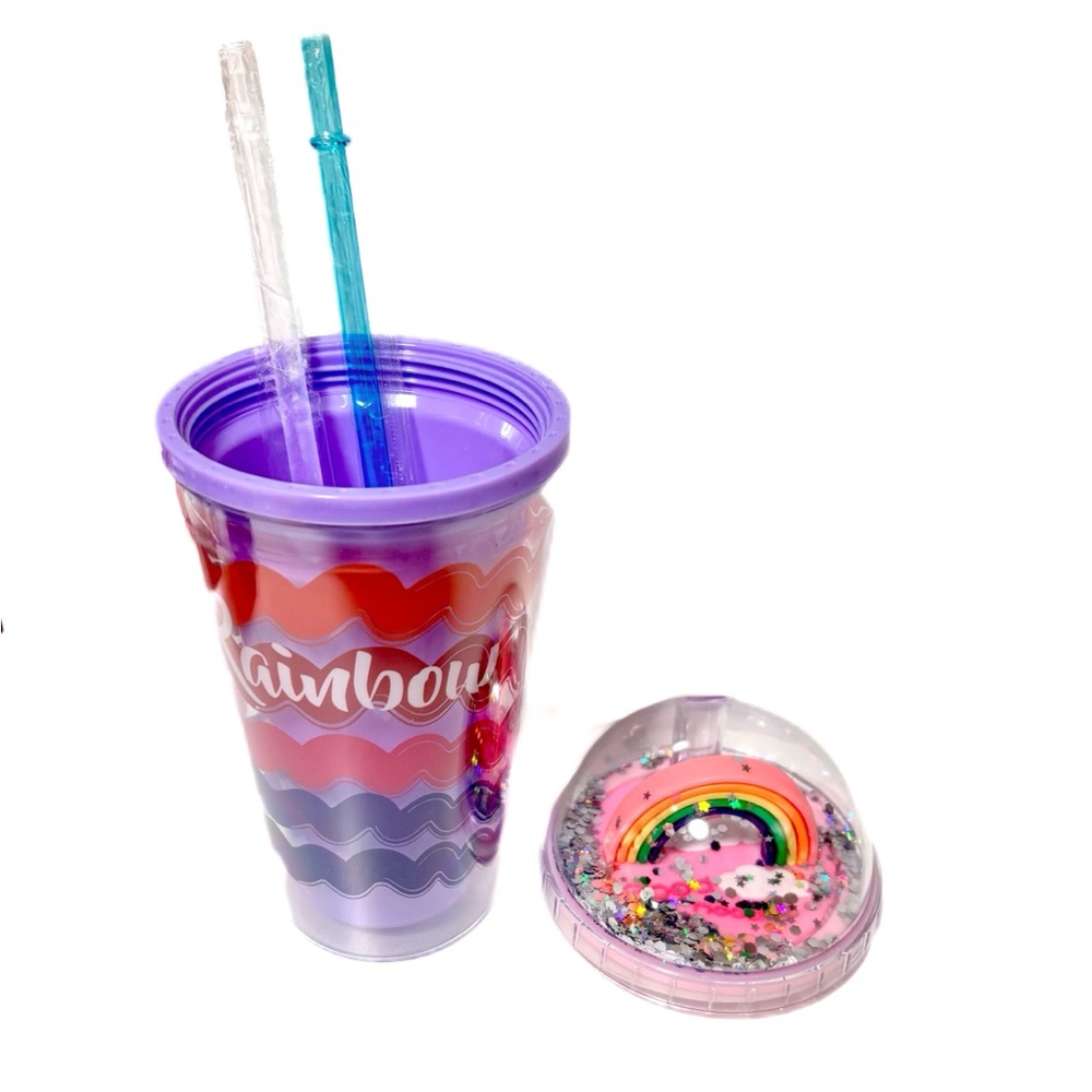 NEW - Fun Colorful Rainbow Shaky Glitter Lid & Tumbler Cup with 2 Straws